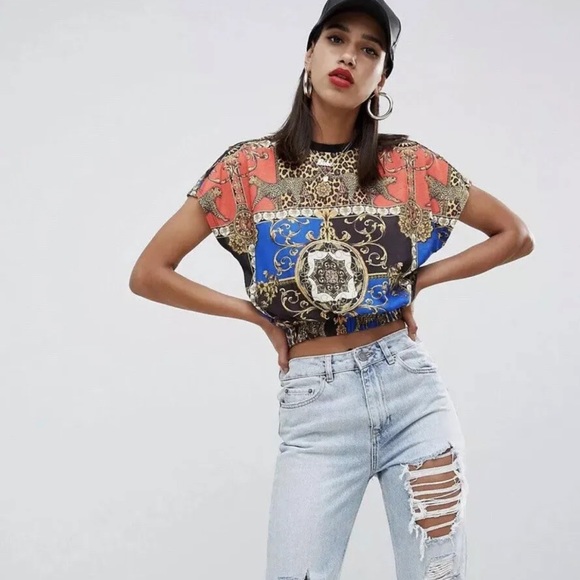 Asos Animal Chain Print Colorful Short Sleeve Crop Top Size 10 Medium - Picture 3 of 8